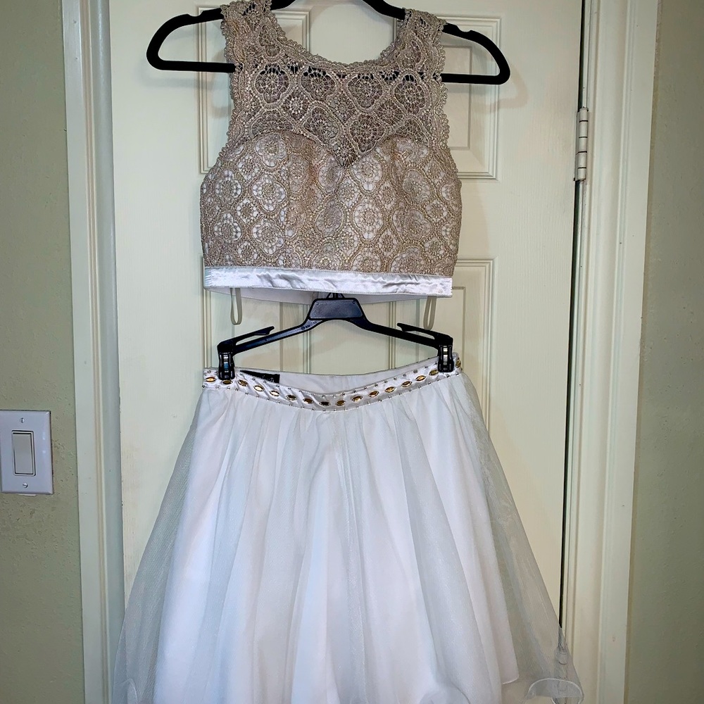 Sequin Hearts 2 piece white and gold dress (used)